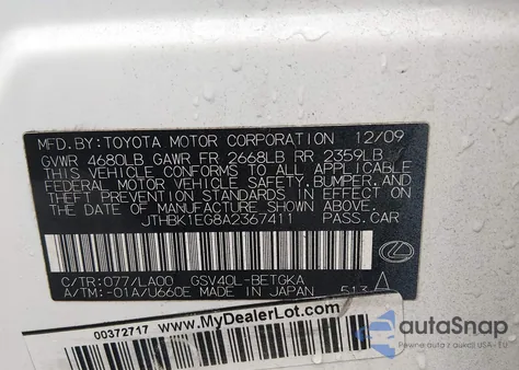 2010 Lexus Es 350 from USA, damaged, VIN JTHBK1EG8A2367411